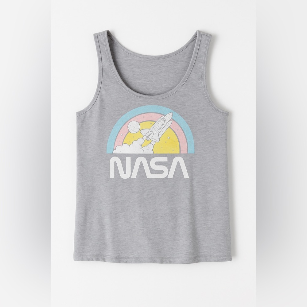 NASA Rainbow Rocket Sleep Tank Top Medium Gray Graphic Pajama Lounge